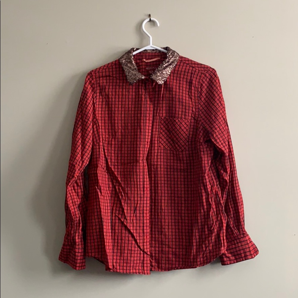 Red Plaid Button-Down with Fun Taupe Sequin Collar